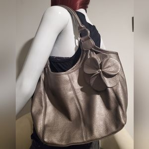 Boutique Metallic Silver Flower Leather Purse ~ Hobo Tote Bag